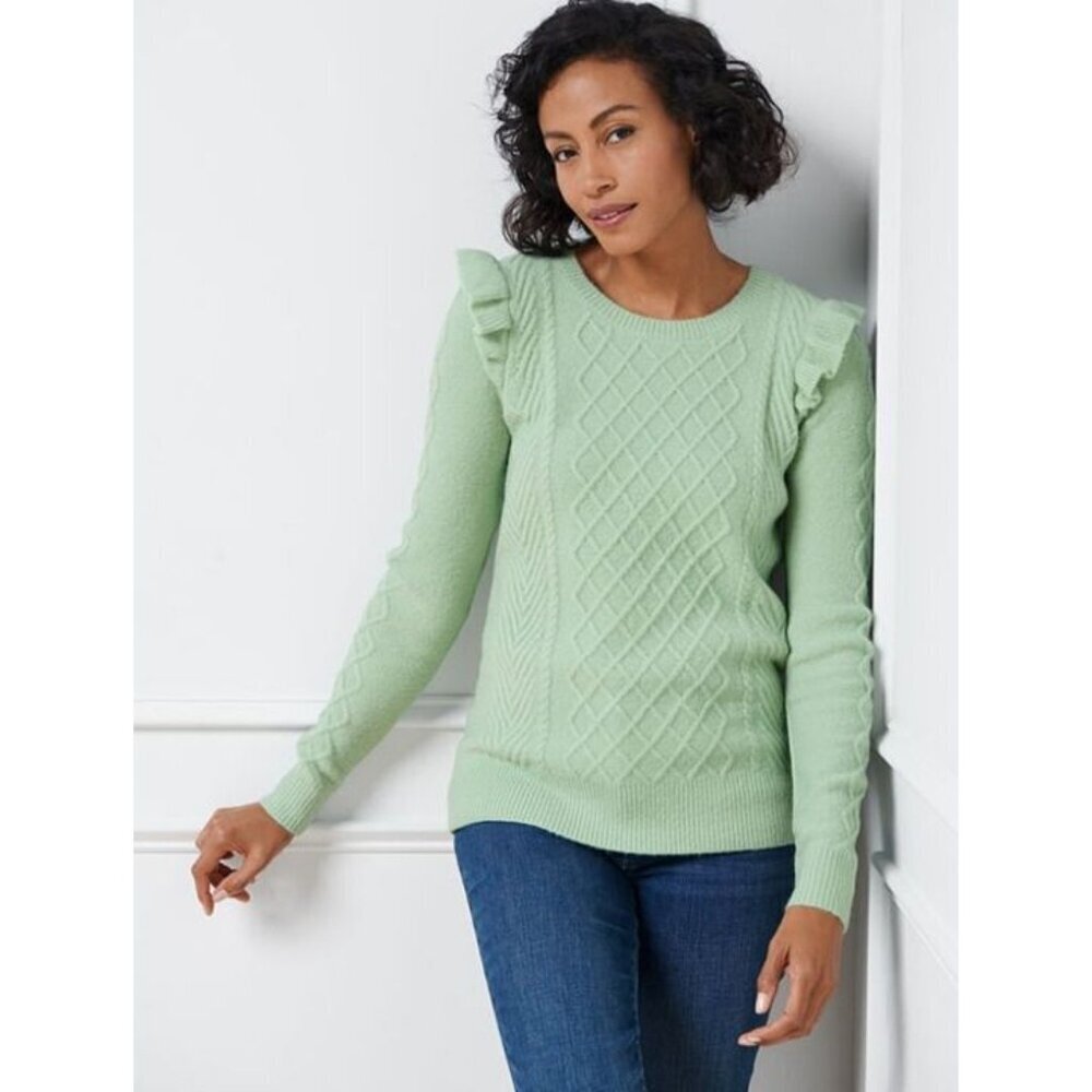 Talbots Cable Knit Ruffle Crewneck Sweater Mint